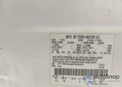 2006 Ford Ranger Sport/Stx/Xl/Xlt из США, поврежденный, VIN 1FTYR10U46PA36341